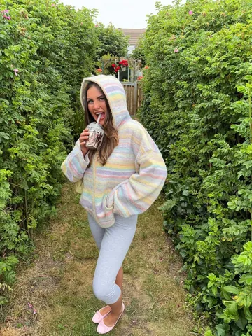 Women Colorful Striped Hooded Knit Cardigan Casual Polyester Zipper Jacket Sweater For Beach Vacation Autumn Outerwear Top
