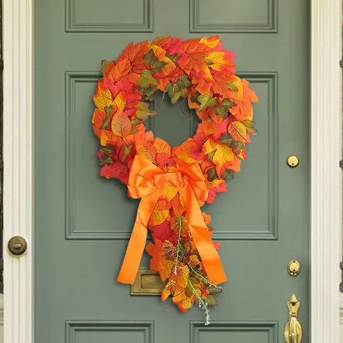 Autumn Harvest Festival Wreath Artificial Maple Leaf Door Hanging Ornament With Orange Satin Bow Fall Home Wall Decoration Garland