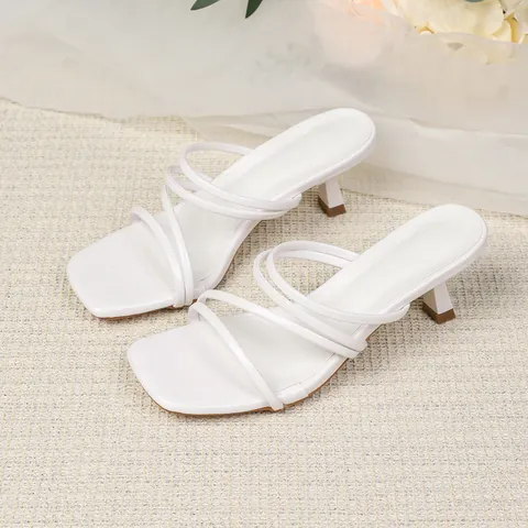 Dames Franse Zachte Stijl Dunne Bandjes Sandalen met Hoge Hak Vierkante Teen Kitten Hak PU Leer Open Teen Slippers