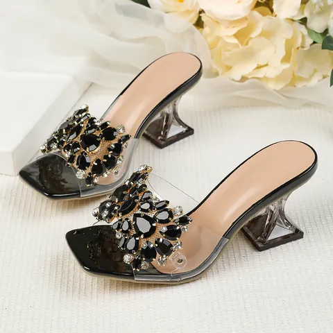 Dames Strass Vierkante Neus Muiltjes Met Hak Transparante Kristallen Gevormde Hoge Hak Elegante PU Sandalen