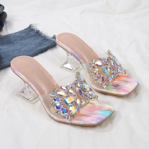 Dames Strass Vierkante Neus Muiltjes Met Hak Transparante Kristallen Gevormde Hoge Hak Elegante PU Sandalen