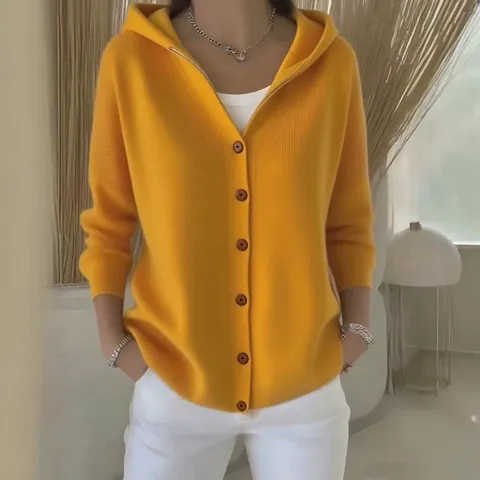 Dames Casual Gebreid Vest met Capuchon Lange Mouwen Knoopsluiting Effen Losse Zachte Gebreide Mode Top