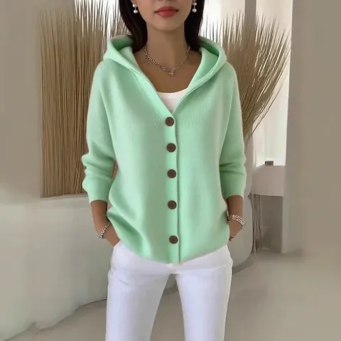 Dames Casual Gebreid Vest met Capuchon Lange Mouwen Knoopsluiting Effen Losse Zachte Gebreide Mode Top
