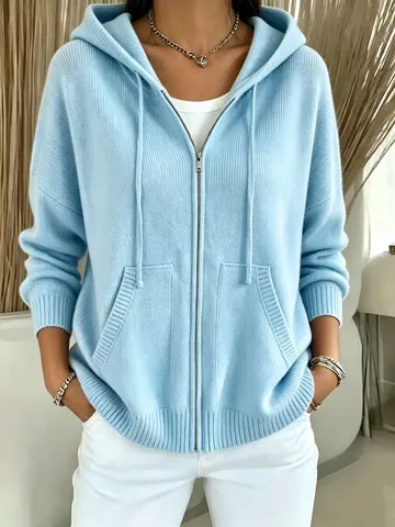 Women's Loose Hooded Knitted Cardigan Casual Solid Color Zip Up Top For Autumn Winter Cotton Blend Soft Sweater Jacket