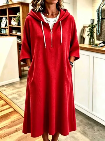 Women Waffle Knit Hooded Maxi Dress Casual Solid Color Half Zipper Loose Oversized Dress Long Mid Sleeve Lounge Dress
