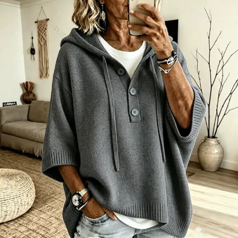 Pull à Capuche en Maille Ample pour Femmes Bouton Demi Patte Pullover Manches Longues Couleur Unie Décontracté Style Paresseux Haut Automne Hiver