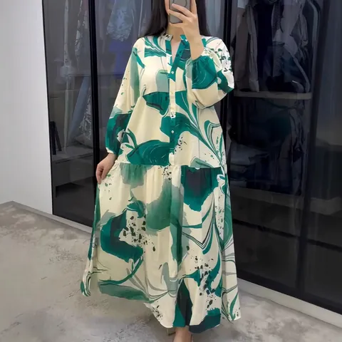 Women Casual V Neck Printed Maxi Dress Loose Long Sleeve Spliced Polyester Abstract Floral Vacation Long Gown Dress