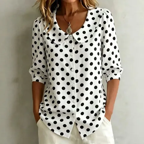 Chemisier Femme à Imprimé Pois Col Claudine Manches Bouffantes Demi Casual Boutonné Top Été Tissé Pour Bureau Quotidien