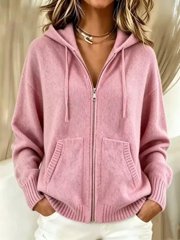 Women Casual Hooded Zip Up Knit Cardigan Loose Solid Color Long Sleeve Cotton Polyester Sweater Jacket Autumn Winter Top