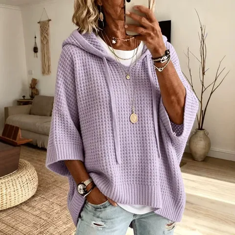 Maglione da Donna in Maglia a Nido d'Ape con Cappuccio Top Misto Cotone Tinta Unita Pullover Casual Largo per Autunno Inverno