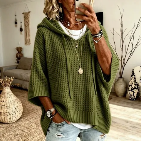 Maglione da Donna in Maglia a Nido d'Ape con Cappuccio Top Misto Cotone Tinta Unita Pullover Casual Largo per Autunno Inverno