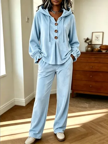 Damen Koreanischer Samt Hoodie Und Weite Hose Oberteil Und Unterteil Mode Casual Einfarbig Lockere Outfits Holzknöpfe