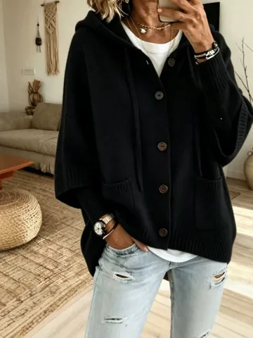 Women's Casual Knitted Hooded Cardigan Loose Fit Solid Color Cotton Sweater Jacket With Buttons And Patch Pockets Outerwear