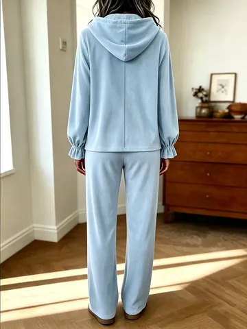 Damen Koreanischer Samt Hoodie Und Weite Hose Oberteil Und Unterteil Mode Casual Einfarbig Lockere Outfits Holzknöpfe