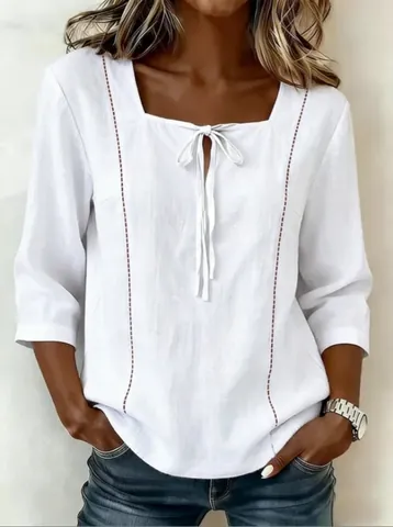 Dames Casual Ramie Blouse Vierkante Hals Strikband Voorzijde Bedrukt Halflange Mouw Losse Pasvorm Lichtgewicht Zomer Top