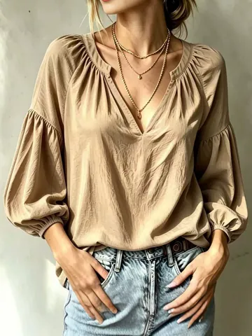 Damen V-Ausschnitt Plissierte Bluse Locker Lässig Langarm Laternenärmel Hemd Elegant Einfarbig Top Für Frühling Herbst