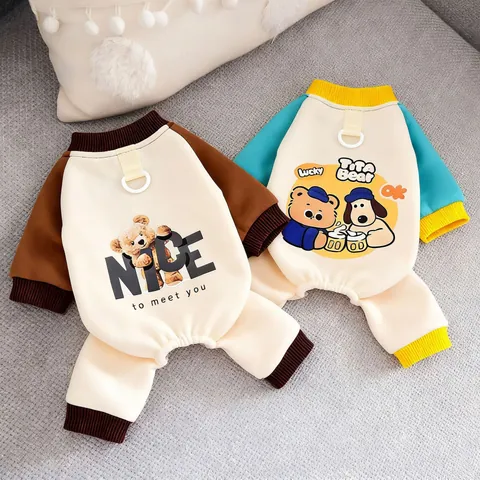 Pet Pajamas Four-Legged Dog Clothes With D-Ring Leash Attachment Cartoon Bear Print Soft Polyester Jumpsuit For Small Dogs Puppy