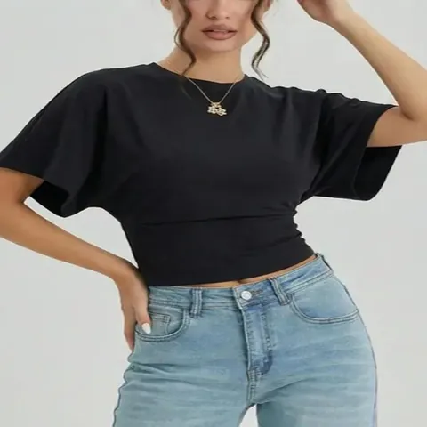 Women Casual Polyester Cropped T-Shirt Short Sleeve Round Neck Batwing Sleeve Loose Cinched Waist Pullover Summer Fashion Top