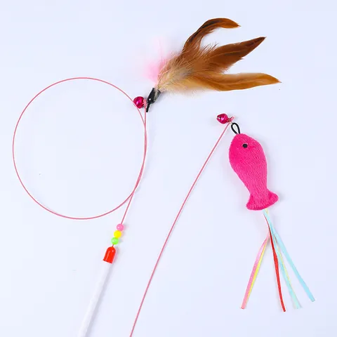 Interactive Cat Teaser Wand With Bell And Feather Long Handheld Steel Wire Wood Rod Cat Toy For Indoor Cats Entertainment