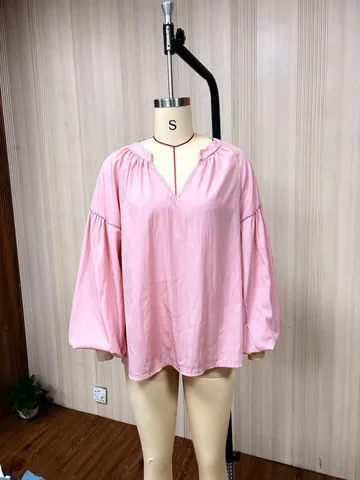Damen V-Ausschnitt Plissierte Bluse Locker Lässig Langarm Laternenärmel Hemd Elegant Einfarbig Top Für Frühling Herbst