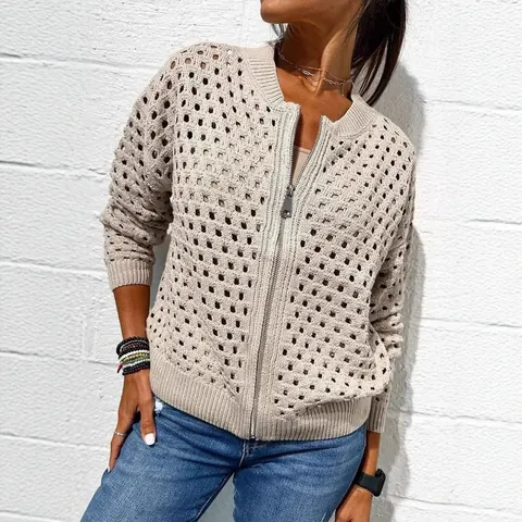 Women Casual Hollow Out Knit Jacket Cotton Polyester Blend Long Sleeve Zipper Cardigan Round Neck Soft Autumn Style Top