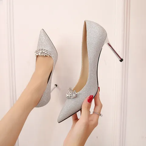 Femme Argent Bout Pointu Talons Hauts Stiletto Pumps Avec Boucle en Cristal Strass Paillettes Mariage Demoiselle d'Honneur Fête Chaussures
