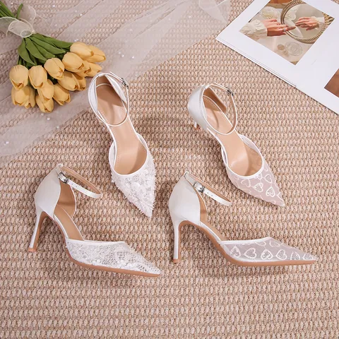 Women Elegant White Lace Mesh Wedding Shoes Pointed Toe 8cm Stiletto Heels Rhinestone Bridal Party Pumps With Buckle Strap
