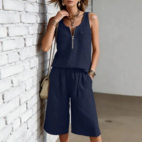 Dames Casual Top En Broek Mouwloos Vest Met Halve Rits En Shorts Met Hoge Taille Effen Kleur Forenzen Outfit