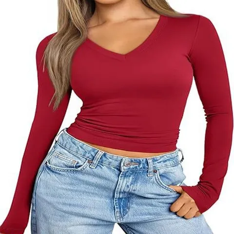 Maglietta a Maniche Lunghe con Scollo a V Slim Fit da Donna a Tinta Unita Patchwork Design Basic Casual Top per Donna
