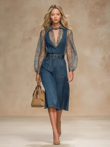Women's Western Style Blue Denim Midi Dress With Belt Large Pockets High Waist Loose Sleeveless Jumper Dress Casual Elegant Spring Autumn Fashion Outfit