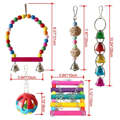 Parrot Bird Toy Set Colorful Wood Hanging Swing Ladder Metal Bells Rattan Balls For Pet Bird Cage Accessories