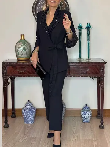 Elegantes Damen Blazer Hosenanzug Pailletten Revers Patchwork Langarm Top Und Bottom Hosen Set Für Herbst Büro Bankett