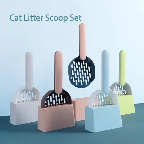 ABS Durable Cat Litter Shovel With Wall-Mounted Base Set Ergonomic Long Handle Pet Waste Sifting Scoop Cleaning Supplies