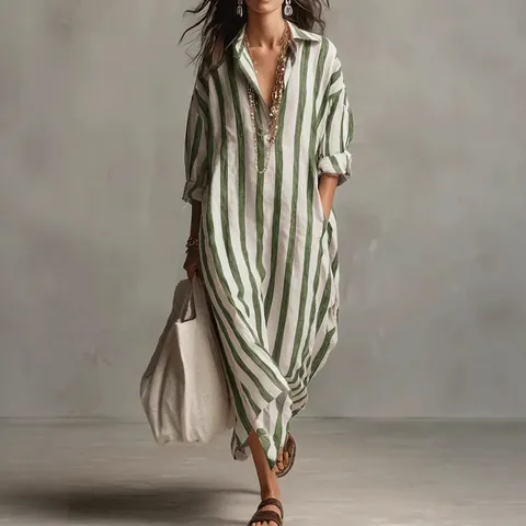 Women Fashion V-Neck Long Striped Shirt Dress Casual Loose Fit Summer 9/10 Sleeve Bohemian Style Maxi Dresses Pocket Beachwear