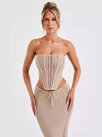 Women's Sexy Backless Tube Top And Bodycon Maxi Skirt Top And Bottom Set Hollow Out Crochet Knit Summer Vacation Outfit
