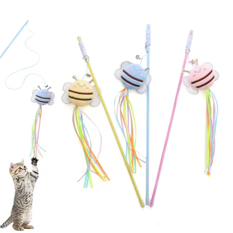 Lindo Juguete de Varita para Gatos Abeja de Peluche Interactiva Con Campana y Cintas de Satén de Colores Varilla de Plástico para Gatos