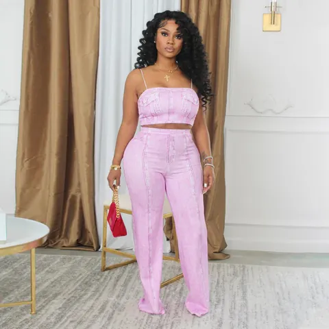 Ensemble Haut et Pantalon en Polyester Imprimé Denim Coupe Ajustée Débardeur Court Pantalon Évasé Taille Haute Tenue Décontractée Femme