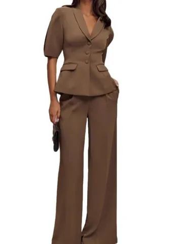 Elegant Business Women Short Sleeve Blazer Top And Wide Leg Pants Bottom Business Casual Office Lady Matching Suit Outfits
