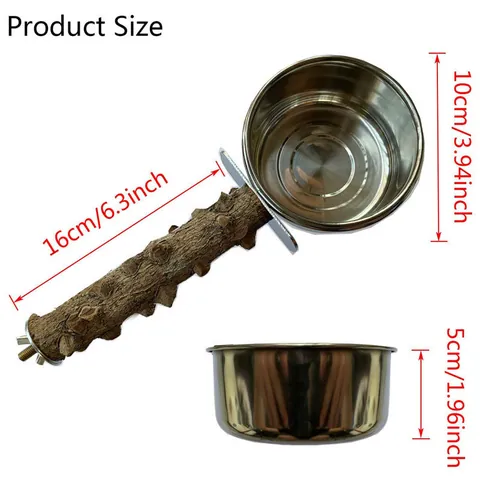 Stainless Steel Bird Feeding Bowl With Natural Prickly Ash Wood Perch Stand Parrot Food Water Cup Cage Accessories