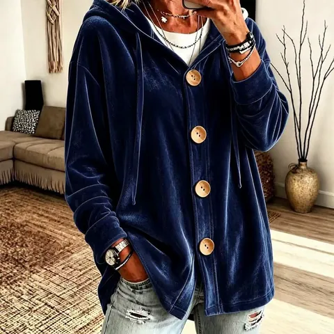 Giacca da Donna in Velluto Vintage con Cappuccio Sweatshirt Vestibilità Larga Tinta Unita Manica Lunga con Grandi Bottoni e Coulisse