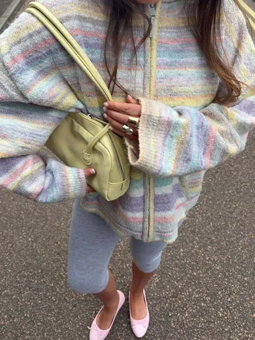 Women Colorful Striped Hooded Knit Cardigan Casual Polyester Zipper Jacket Sweater For Beach Vacation Autumn Outerwear Top
