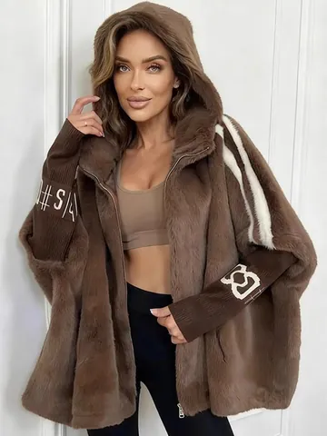 Autumn New Women Faux Fur Hooded Jacket Loose Patchwork Contrast Knitted Sleeve Zipper Top Casual Commuter Fashion Outwear