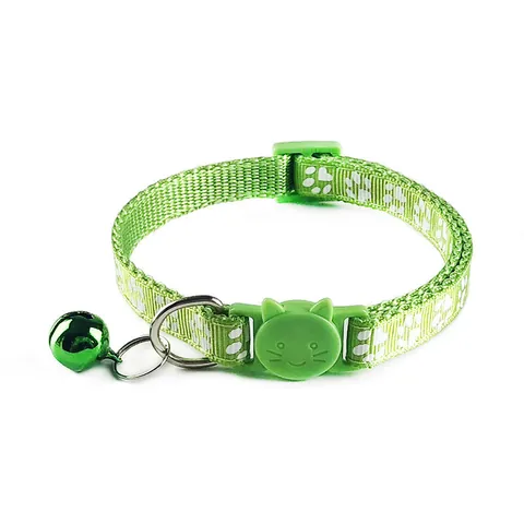 Adjustable Double Layer Nylon Pet Collar with Bell and Cat Head Buckle Paw Print Pattern for Cats and Small Dogs