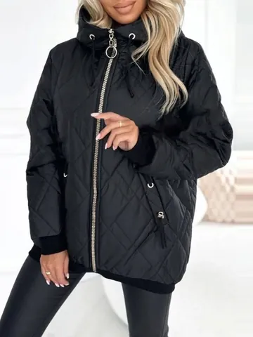 Women's Fashion Hooded Quilted Padded Jacket Solid Color Zip Up Long Sleeve Warm Outerwear Cotton Padded Coat For Winter