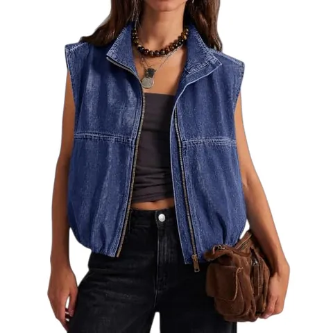 Women Washed Denim Vest Sleeveless Lapel Zipper Front Top Cotton Polyester Streetwear Casual Solid Leopard Print Waistcoat