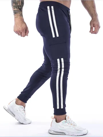 Men European Size Sport Cargo Sweatpants Slim Fit Cotton Blend Multi-Pocket Jogger Pants With Side Stripes Casual Bottoms