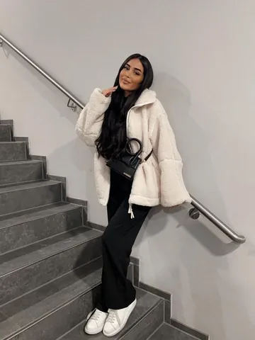 Chaqueta de Vellón de Cachemira Sintética de Talla Grande Unisex con Cremallera Cuello Alzado Abrigo de Felpa Cálido de Color Sólido para Otoño Invierno