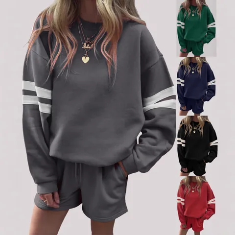 Women Color Block Striped Sweatshirt And Shorts Top And Bottom Western Casual Loose Crew Neck Drop Shoulder Outfit