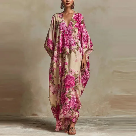 Women Deep V Neck Bohemian Floral Printed Loose Maxi Dress Casual Kaftan Summer Vacation Batwing Long Sleeve Beach Party Dress