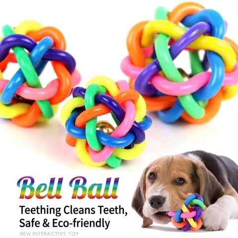 Rainbow Rubber Woven Ball Pet Dog Toy With Bell Interactive Training Chew Toy For Puppies Small Medium Large Dogs